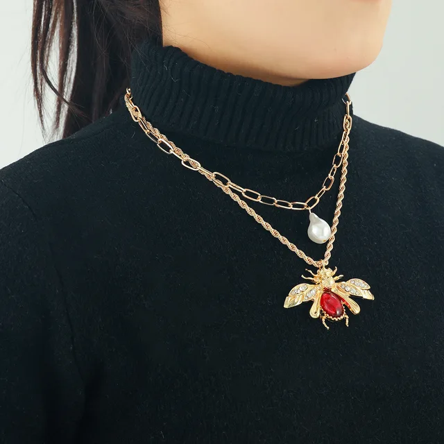 Summer Fashion Women's Multi-Layer Pearl Insect Pendant Collarbone Chain European American Exaggerated Brand Necklace  for Woman