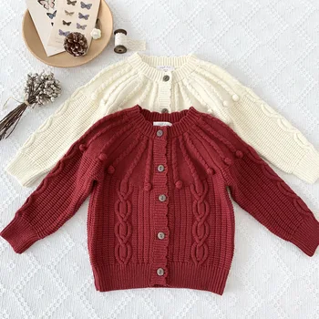 Girl's sweater European and American girls thickened sweater coat hand crocheted ball wool cardigan