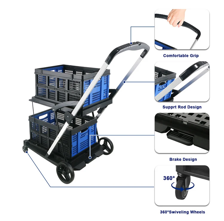 Double Decker Foldable Cart Portable Market Folding Trolley Collapsible Shopping Cart With Storage Crate