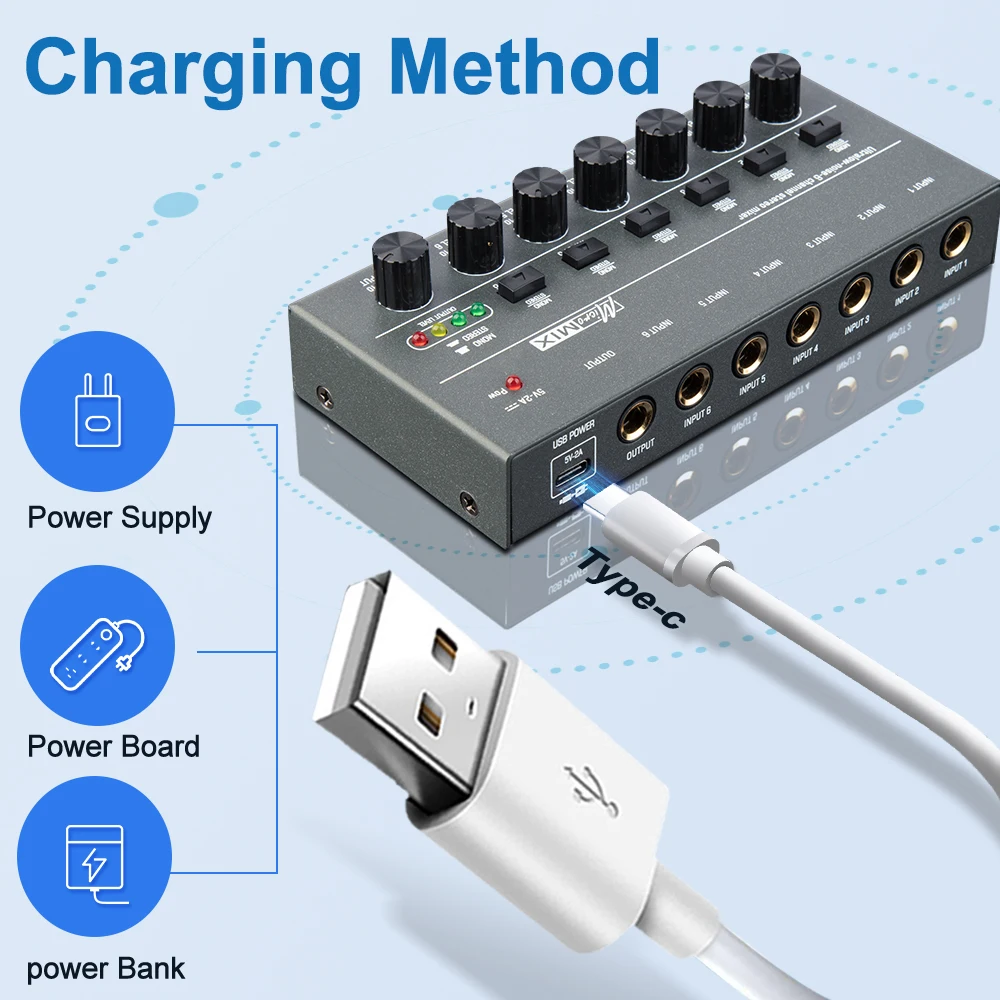 Depusheng DX600 Audio Mixer Line Mixer, DC 5V, 6/4-Stereo Ultra, Low-Noise  6/4-Channel For Sub-Mixing, Ideal For Small Clubs Or Bars, As Guitars, Bass