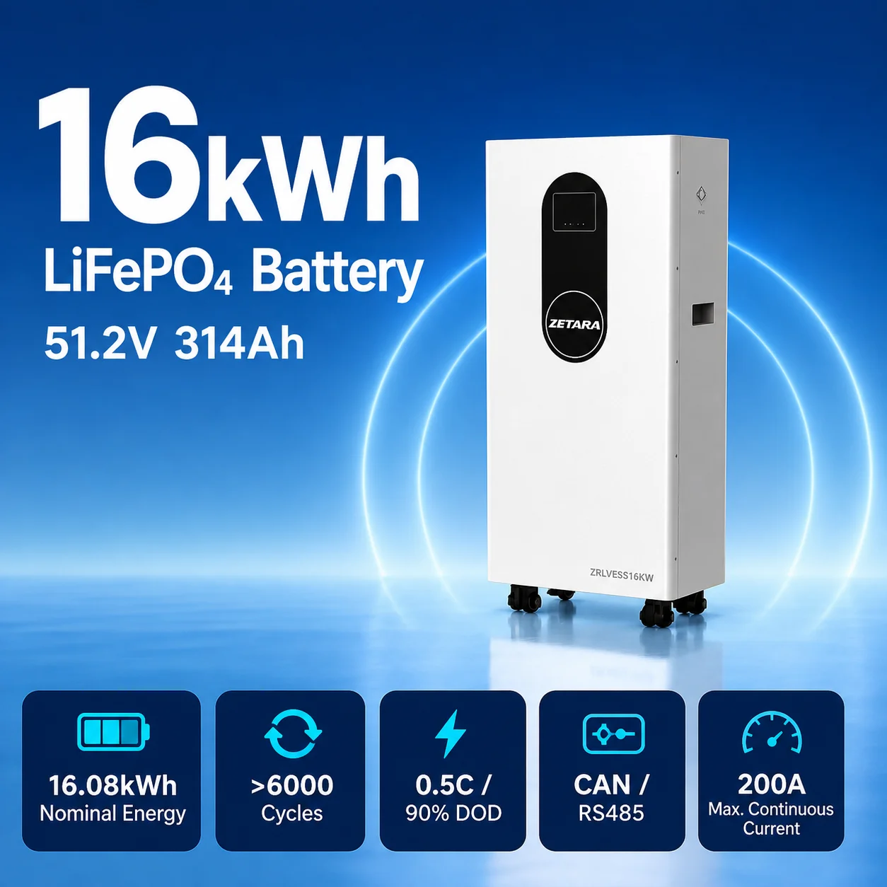 Long Life 15 Years 16kWh Energy Storage Battery 51.2V 314Ah Wall Mounted LiFePO4 Battery Pack for Home Power Backup System