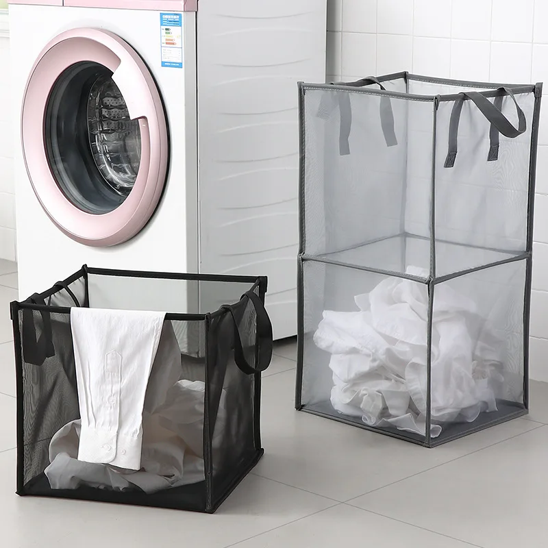 Home Use Customized Material Large Capacity Mesh Collapsible Foldable Dirty Clothes Laundry Baskets with 2 Compartment