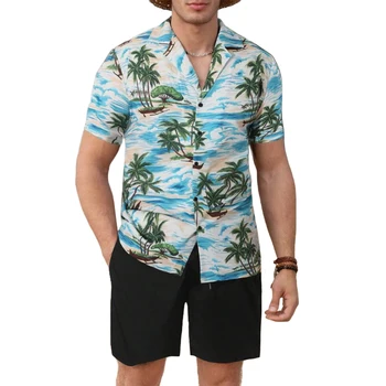 Hawaiian shirt fashion men's two-piece printed lapel short-sleeved casual drawstring beach shorts coconut tree printing