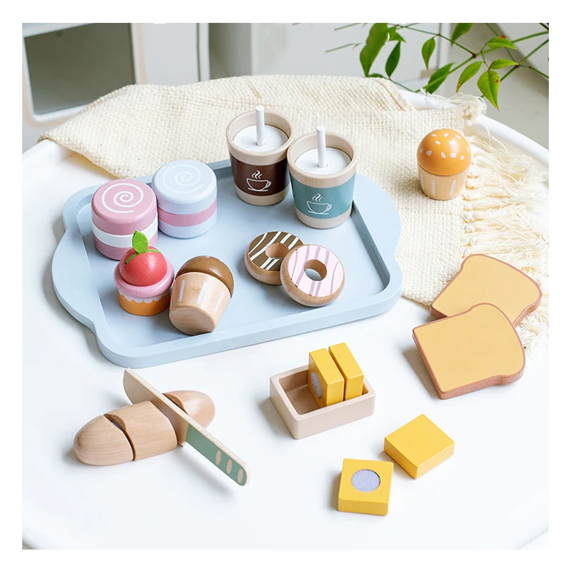 Unisex Children's Wooden Simulation Kitchen Set Educational Toy Kids Pretend Play Includes Breakfast Bread Milk Ingredients Baby