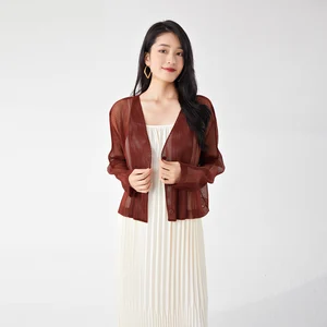 High Quality Summer Miyake Women Pleated Top With Stylish Design Long-Sleeve Sheer Jacket Casual Buttoned Knit Cardigan Top