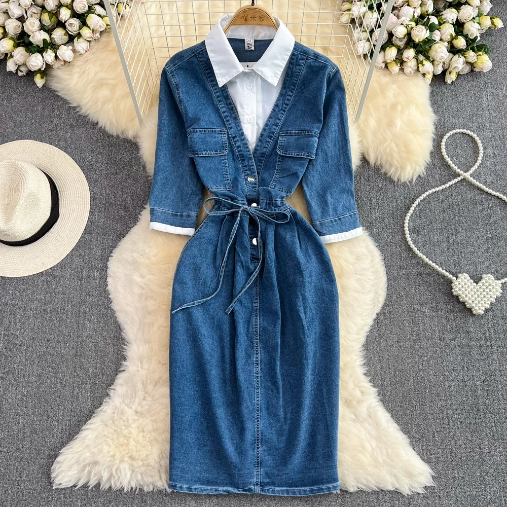 denim dress sleeve korean Summer Women Korean Style Retro Denim Dress Chic Backless Short Sleeve  Waistline Double Breasted Stylish Ankle Length Dresses
