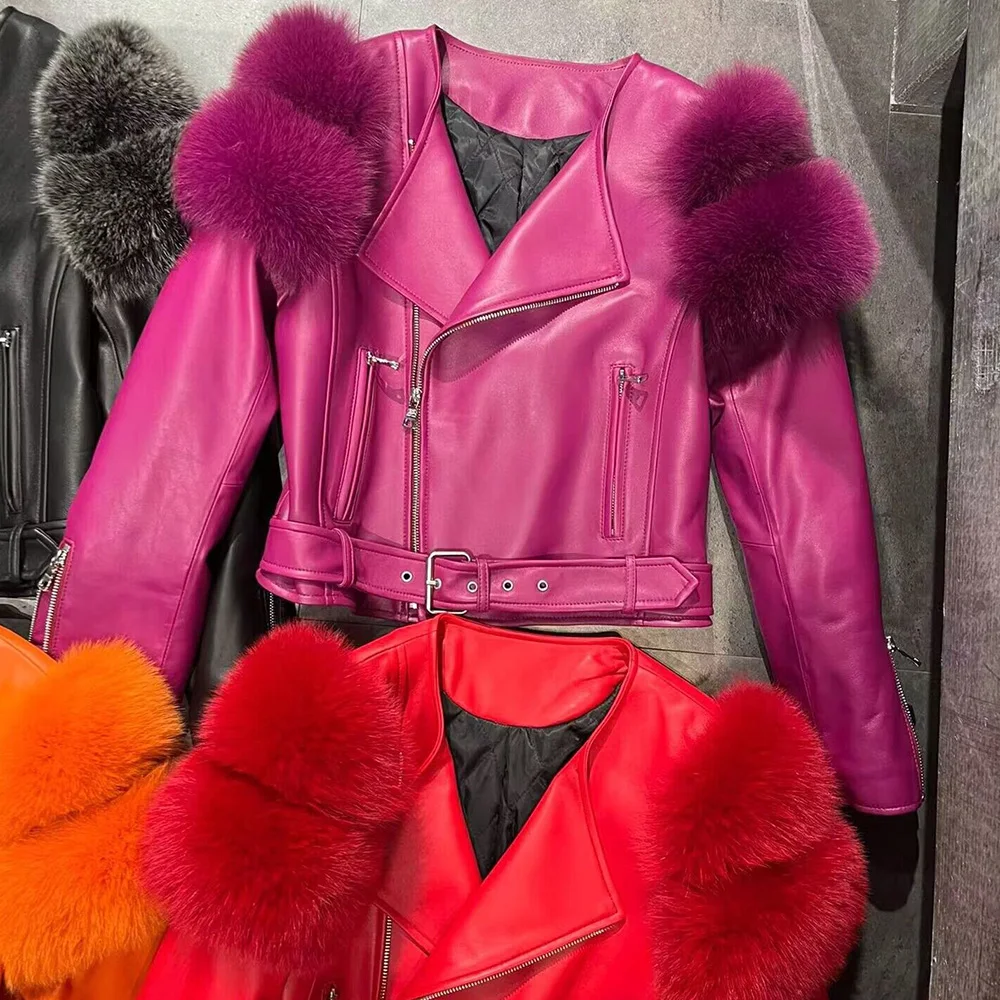 STRAWBERRY New Arrive Design Short Style Leather Fur Jacket Warm Fox Fur Coat for Women