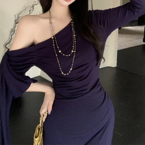 Women Slanted Shoulder  Short-Sleeved Slim Fit Asymmetrical Skirt Pure Waist-Hugging Hip Long Floor-Length