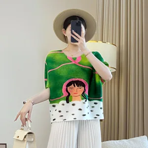 Miyake Women's Summer Half Sleeve Green T-Shirt Loose Fit Casual Style New Loose Cartoon Printed Short Top