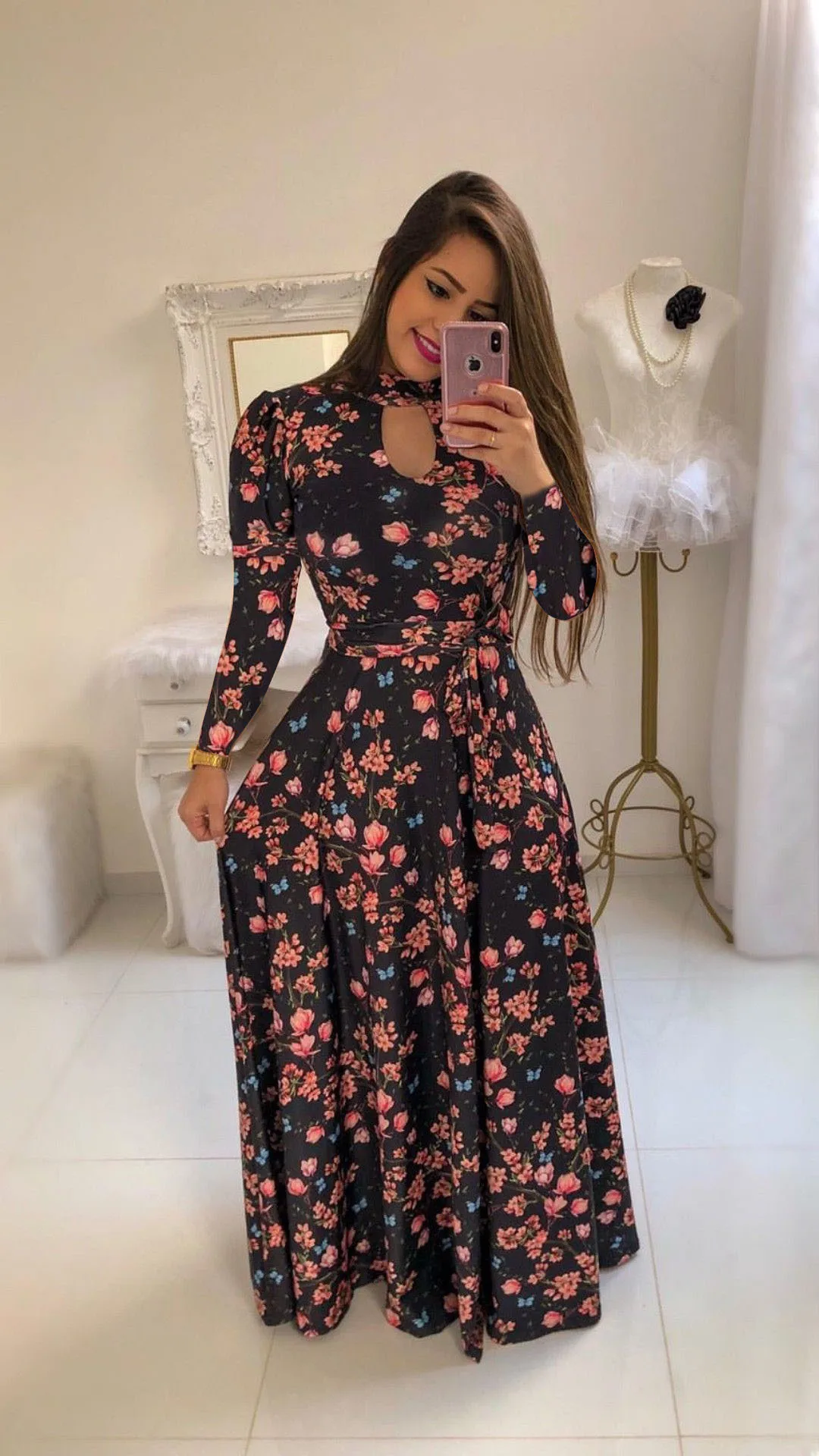 Women's Floral Printed Maxi Dress - Casual African Kitenge Plus Size  Sundress for Holiday Party, Long Sleeve, Eco-Friendly Chiffon