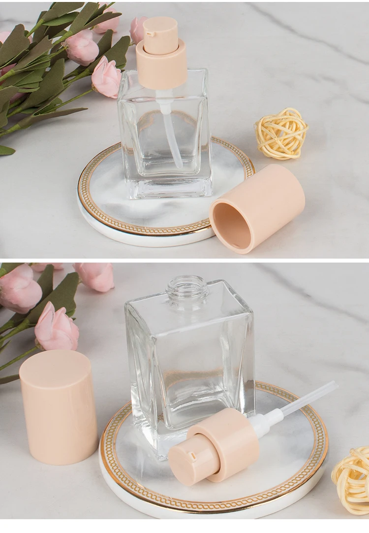 Wholesale cosmetic packaging 30ml square clear empty serum lotion foundation glass bottle with pump details