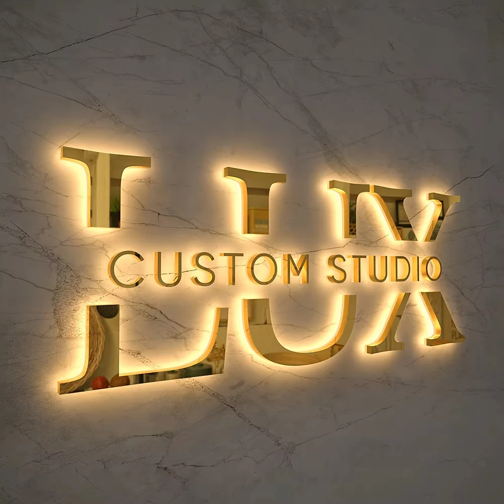 Customized Shop Sign Outdoor Building Electroplating Golden Stainless Steel Led Illuminated Letters Signs  Acrylic  LED Light