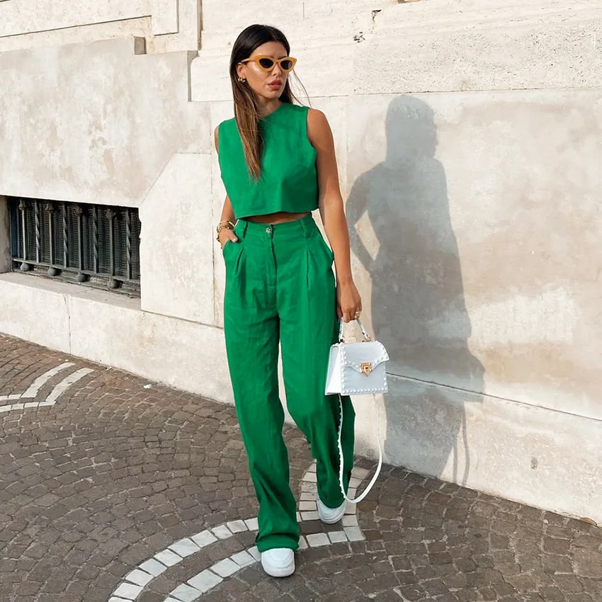 2023 Summer New Solid Color Sleeveless Vest Top Flared Pants Two-piece  Fashion Casual Cotton Linen Wide Leg Pants Women's Sets - Buy Wide Leg Pants  Women's Sets,Vest Top Flared Pants Two-piece,Solid Color