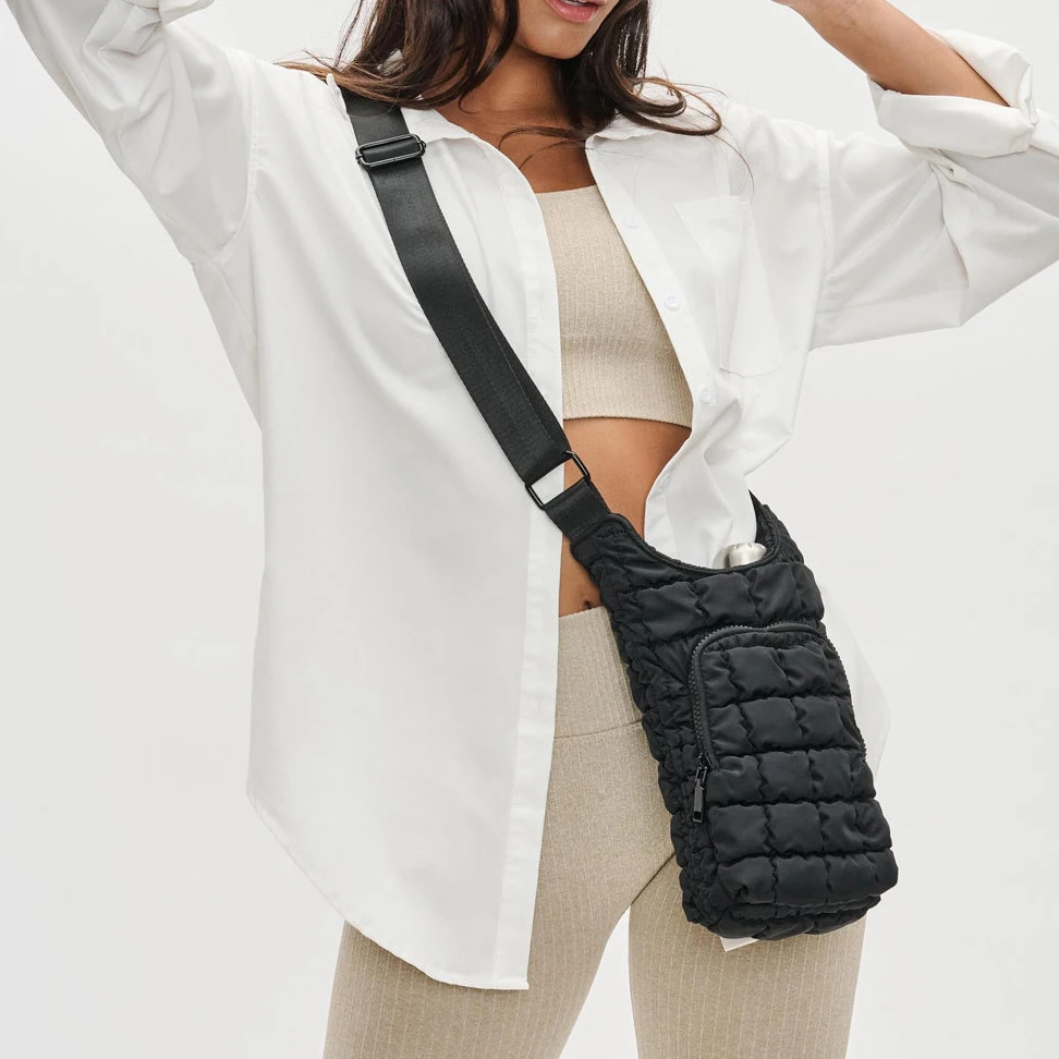 Quilted Linen Puffer Water Bottle Crossbody Holder Outdoor Gym Waterproof Nylon Puffy Bottle Carrier Shoulder Sling Bags