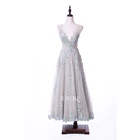 Light blue v neckline appliques beaded ankle length aline evening dress ready to ship prom gown