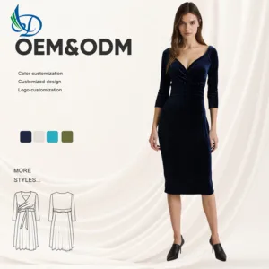 Woman's Velvet Spring Retro A-line Dress Blue V-neck Long Sleeve Knee Length Zipper Decoration