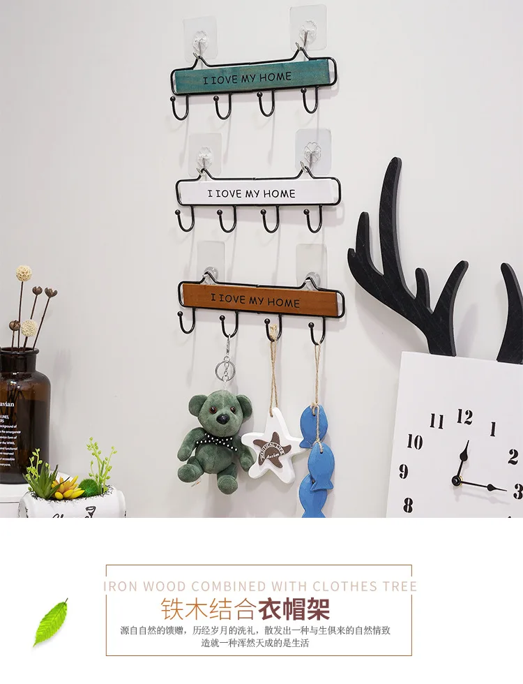 Creative wooden iron decorative novelty hookss Japanese home door coat hat key small hanging rack miscellaneous kitchen wall details