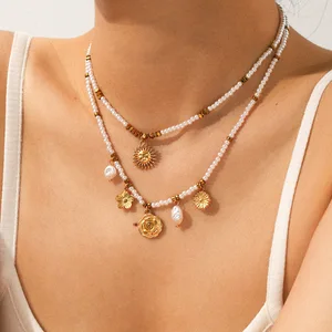 MW Trendy Necklace Jewelry Freshwater Pearl with 18K  Gold Plated Stainless Steel Double-layered Stacking Flower Pearl Necklace