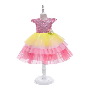 Customizable Rainbow Jacquard Birthday Princess Dress Little Girl Piano Show Puffy Children Dress for Girls