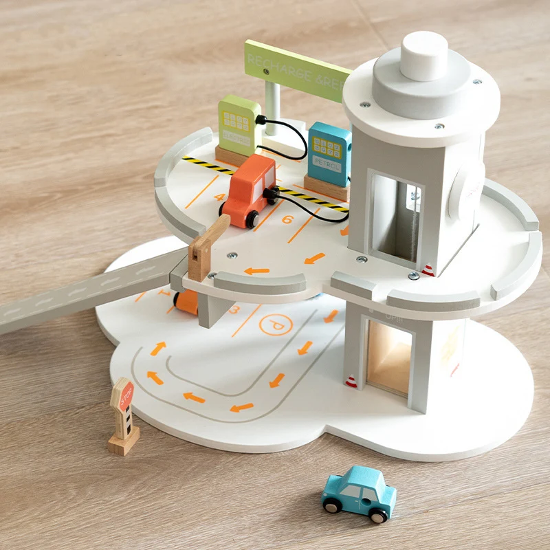 子供向けごっこ遊び用駐車場 二階建て模擬ガソリンスタンド付き 木製乗り物トイ カーガレージ 男の子 女の子向け
