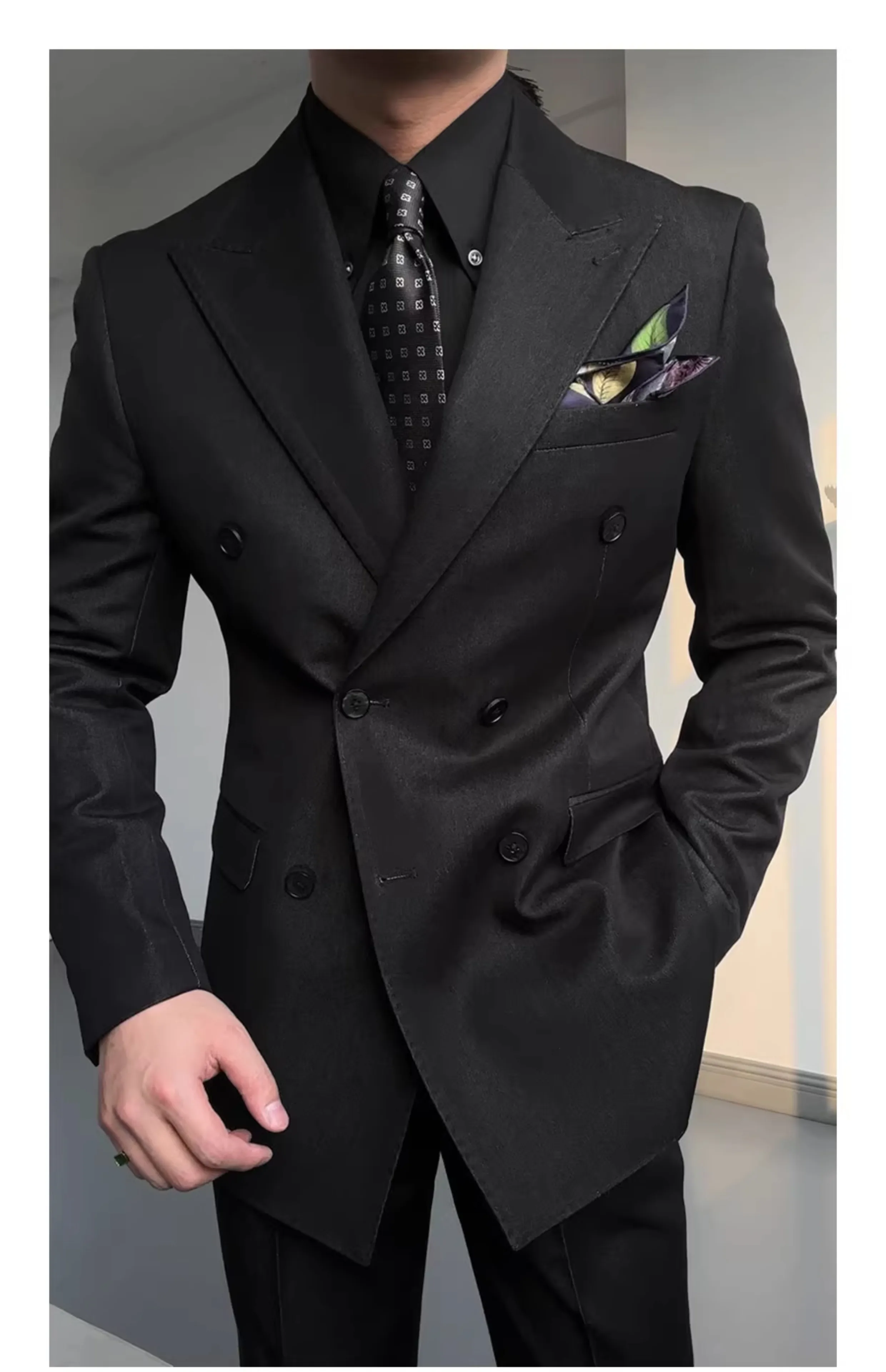 High-End Men's Black Double-Breasted Suit Lapel Collar Worsted Button Fly Button Zipper Pure Color for Business Wedding Banquet