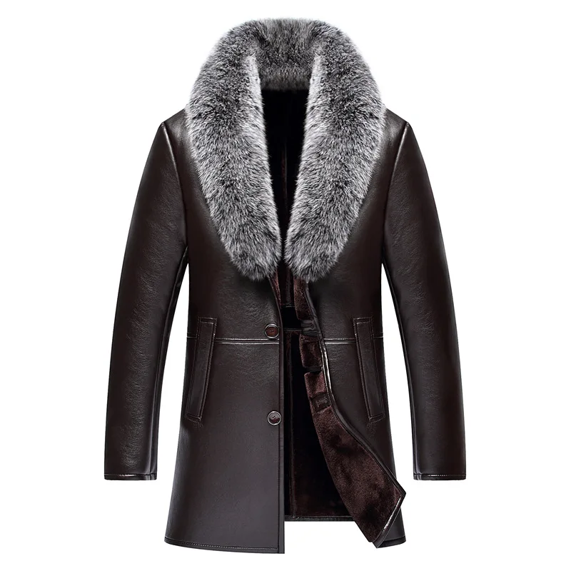 Men's Fur One-piece Leather Coat Big Fox Fur Thickened Mid-length ...