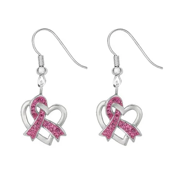 Alloy silver plated pink rhinestone ribbon charms heart shape jewelry breast cancer awareness hook earrings