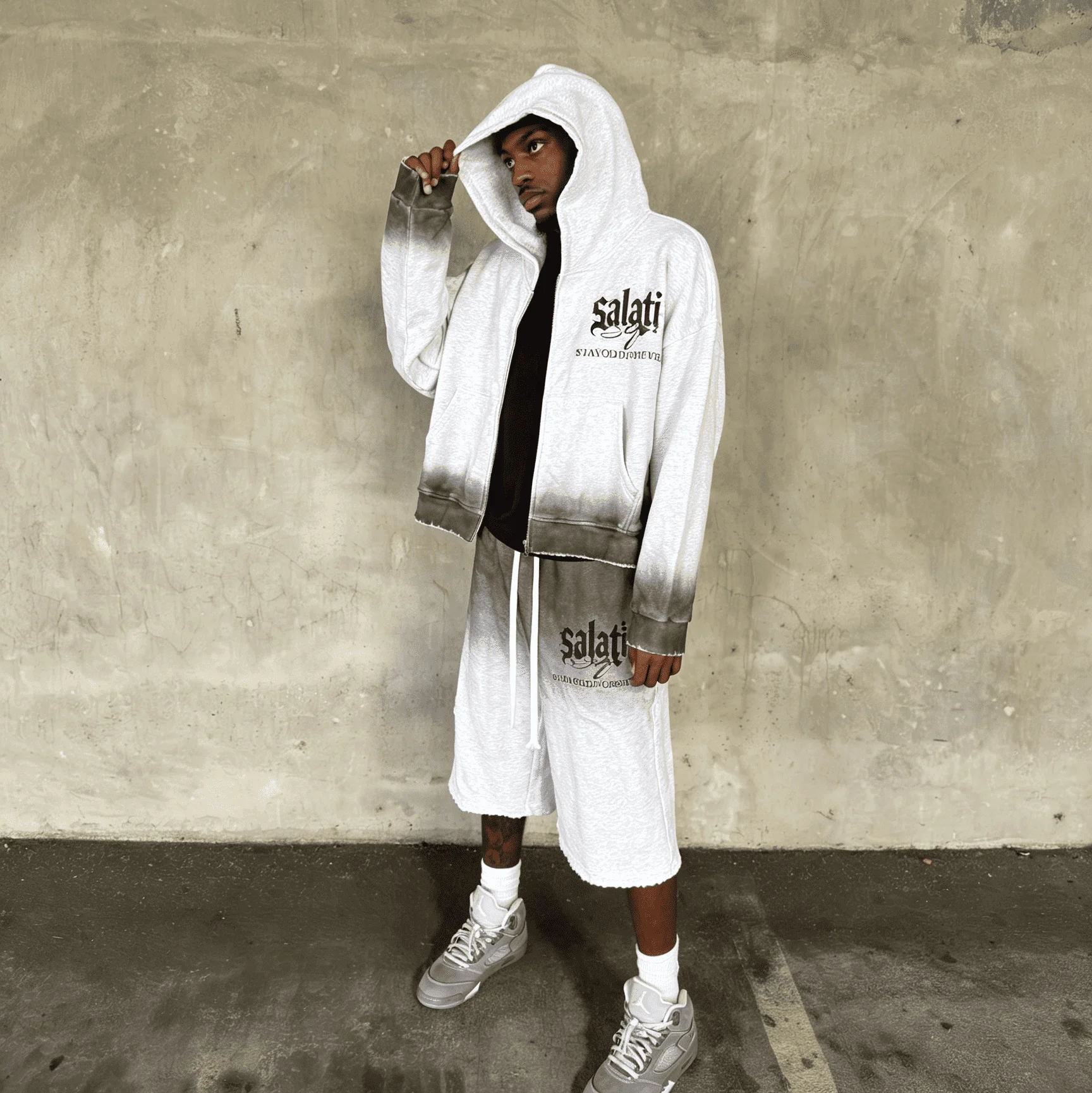 OEM Custom Men Short Hoodie Set White Ombre Zip up Sweatshirt Raw Hem Long Sweat Shorts Summer Apparel Top Men Casual Sets gallery 4