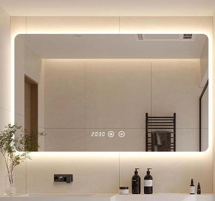 product hotel toilet touch screen mirror large anti fog shower smart led anti fog  mirror for bathroom with bluetooth music speaker-0