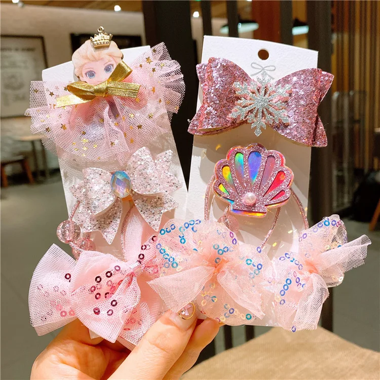 Новое платье в Корейском стиле, модные носочки с изображением снежной принцессы для девочек, милое и красивое ребенок Блестящий горный хрусталь корона бант заколка для волос, комплект для девочек резинки для волос