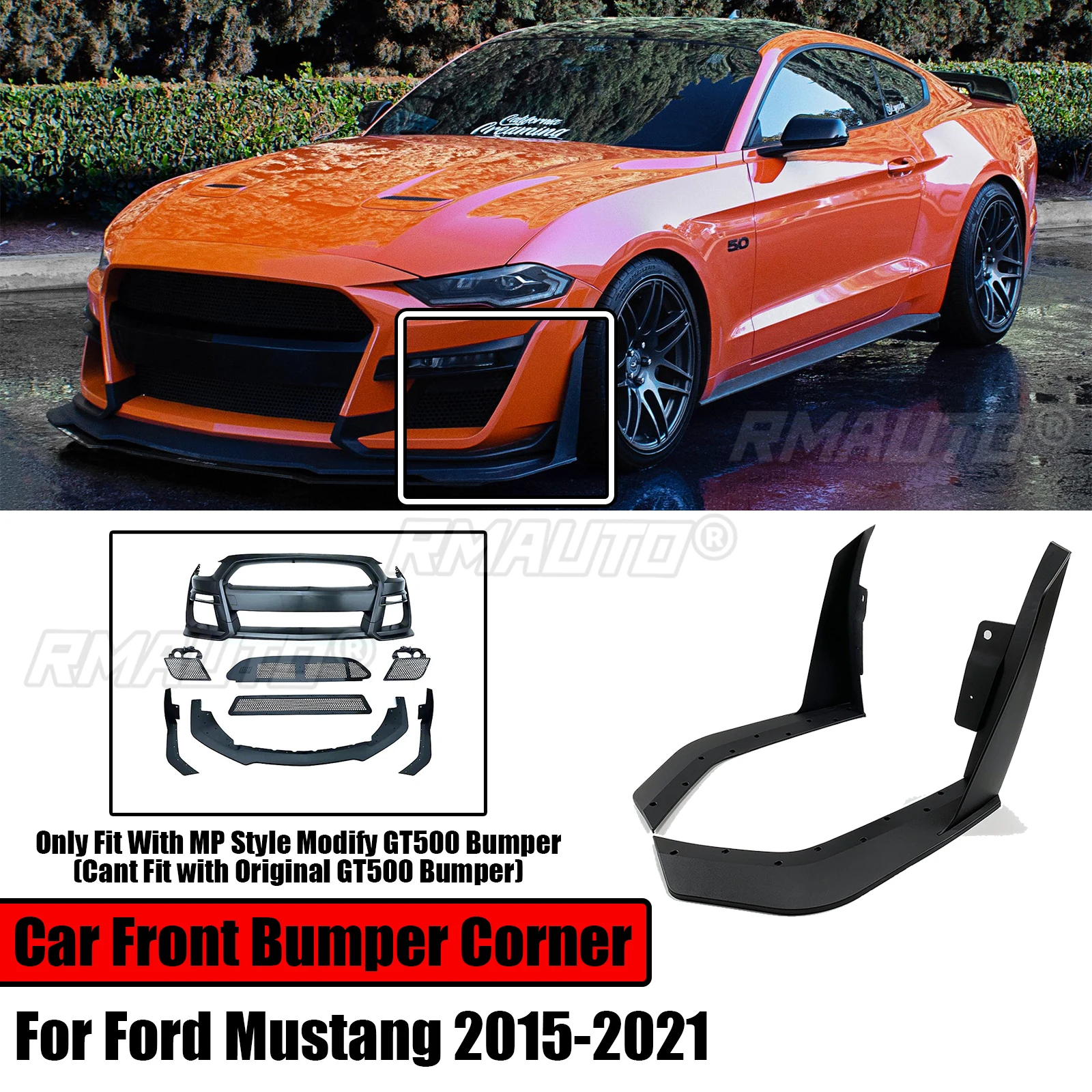 YOUNGERCAR Gloss Black Painted Front Bumper Lip Corner Winglet Fit for Ford Mustang
