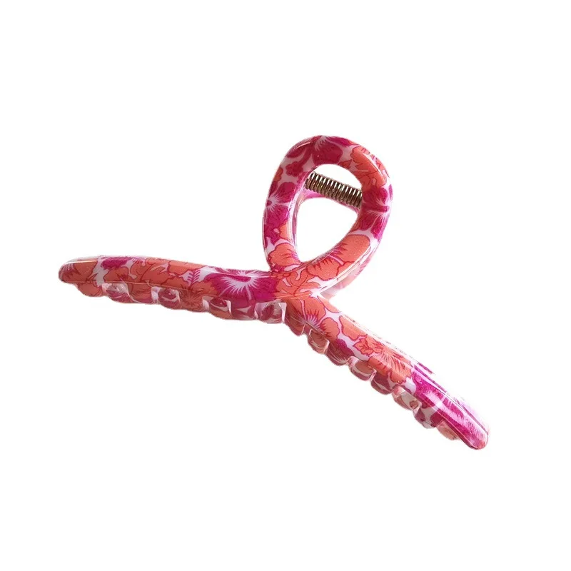 11cm Large Hair Dress Elegant Cross Shape Flower Printed Acrylic Resin White Claw Clip for Girls and Lady