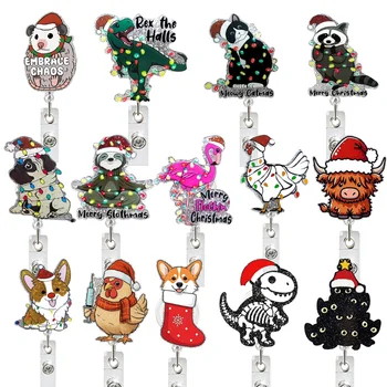 Custom  Badge Reel Glitter Acrylic Retractable Lanyard and Rotatable ID Holder with Belt Clip and Keychain