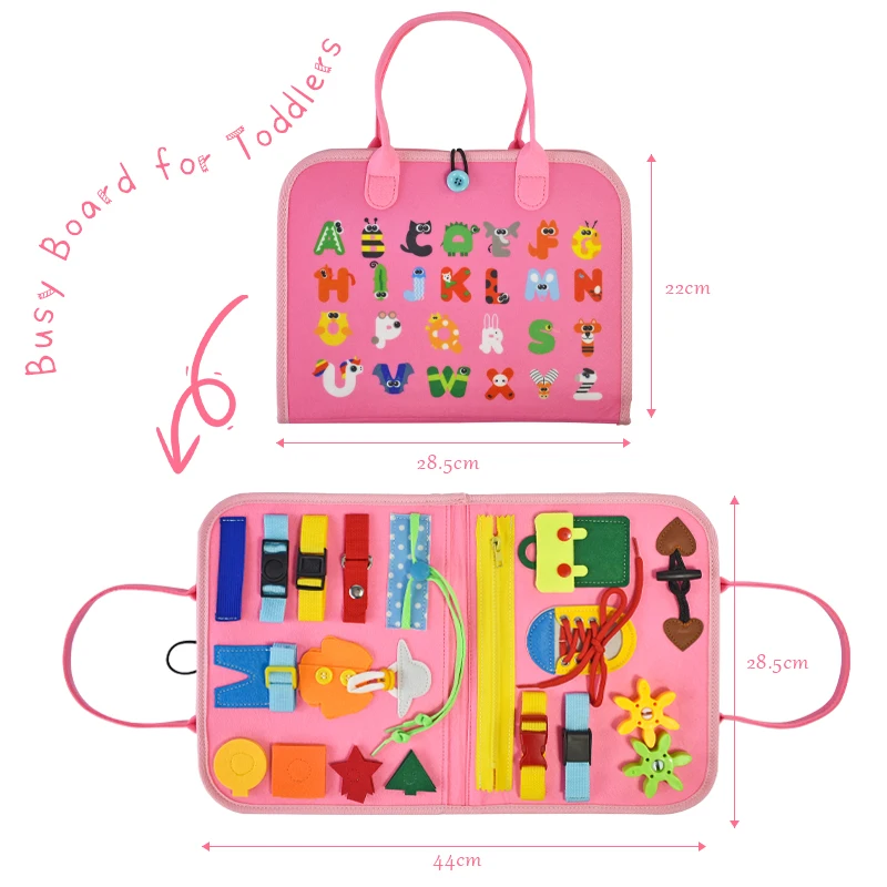 MCGMITT Felt Busy Board For Toddlers - Montessori Sensory Activity Toy For Fine Motor & Dressing Skills (Pink)