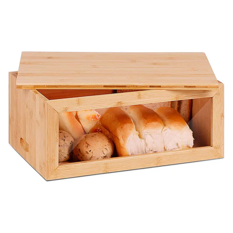 DS2676 Bread Storage Organizer for Kitchen Countertop with Clear Window Bamboo Bread Box Sandwich Container Solid Wood Bread Box
