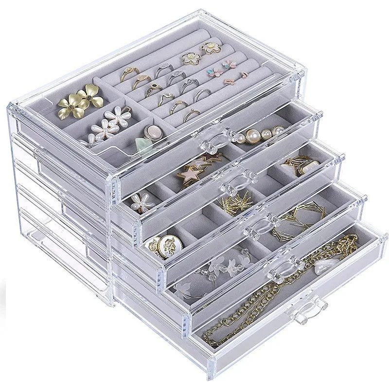 Three-layer jewelry box gray transparent flannelette drawer type arrangement earrings ring acrylic storage box