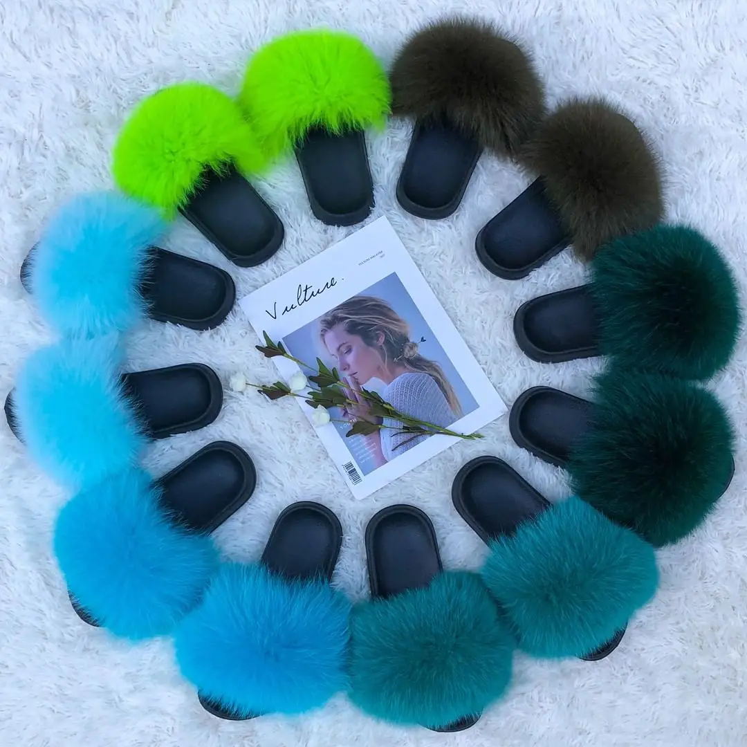 Дизайнерские оптом красочные коричневые пушистые меховые сланцы тапочки из натурального Лисьего меха для