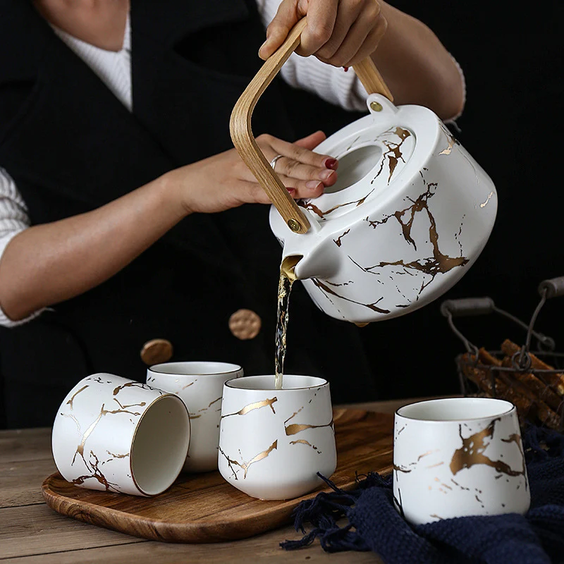 Modern Style Marble Design Porcelain Tea Set 37 fl oz Teapot with Handle and 4 Tea Cups On Wooden Tray, Black and White