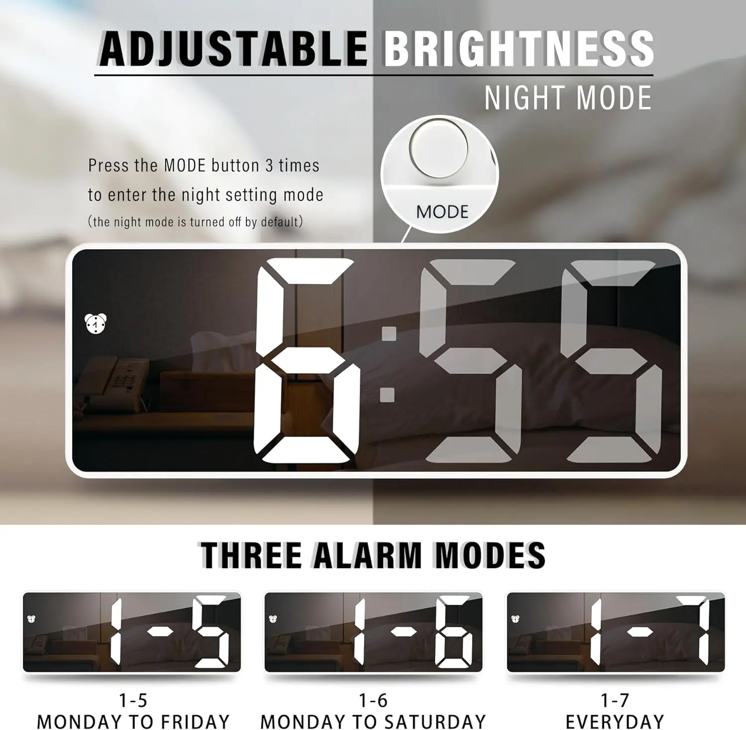Smart LED Digital Alarm Clock Large Display LED Mirror Clock Surface for Wake up Home Decor Mirror Digital Table Clock