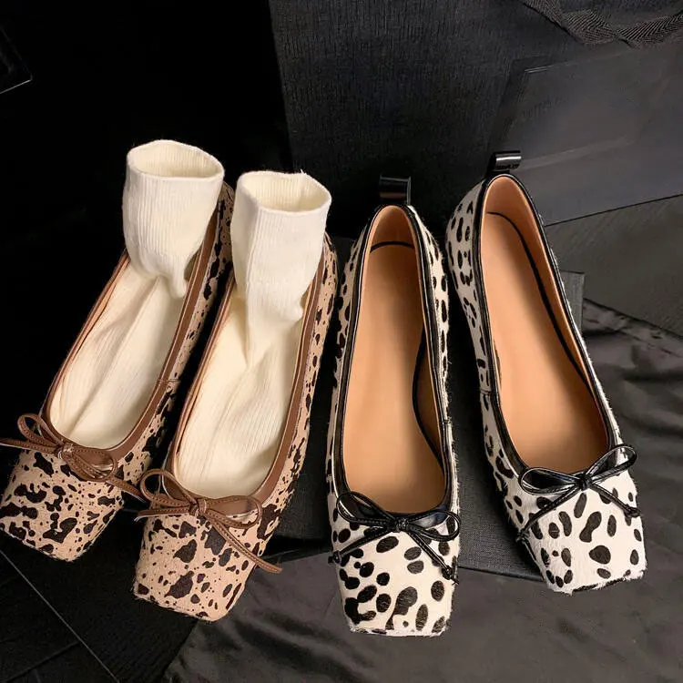2024 Sommer Damen Ballerina Schuhe Vintage Square Toe Leoparden