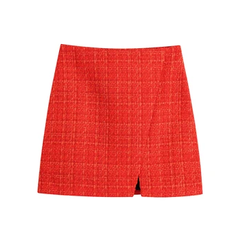 Red color front slit ladies fashion casual tweed mini skirt