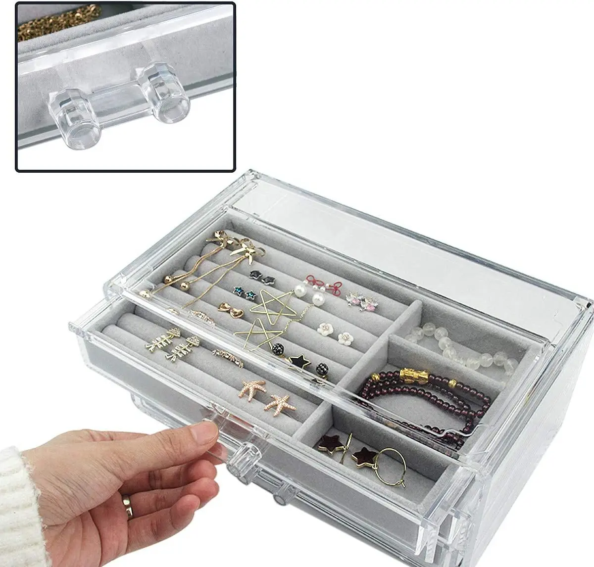 Clear Acrylic Velvet Jewellery Storage Box And Earring Rings Necklace