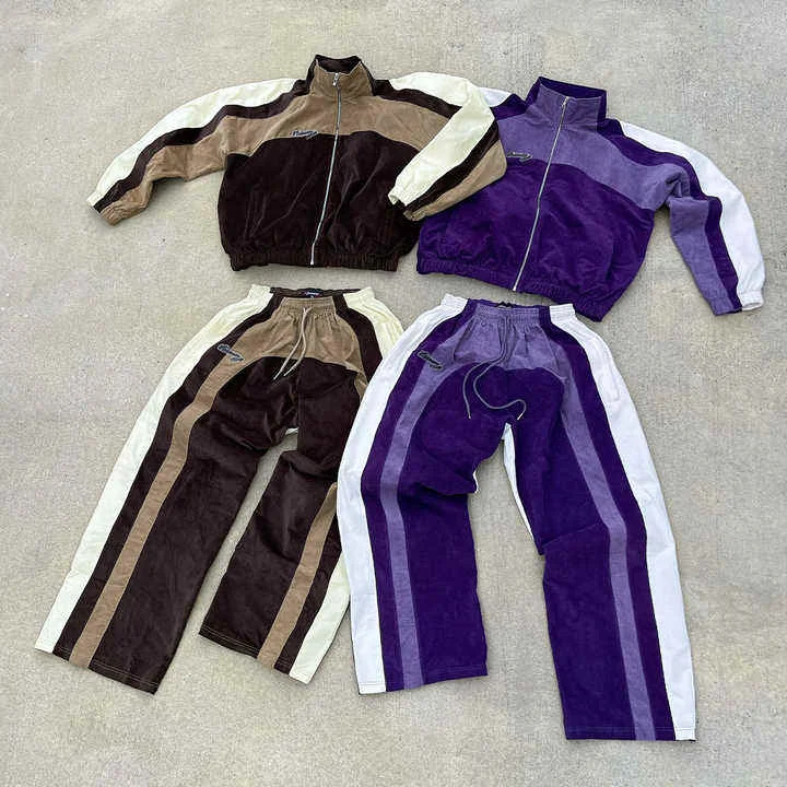 Salati Fashion Custom Men Oversized Pullover Splicing Color Cotton Tracksuits Wholesale Spring Autumn Washed Jacket & Pants Set