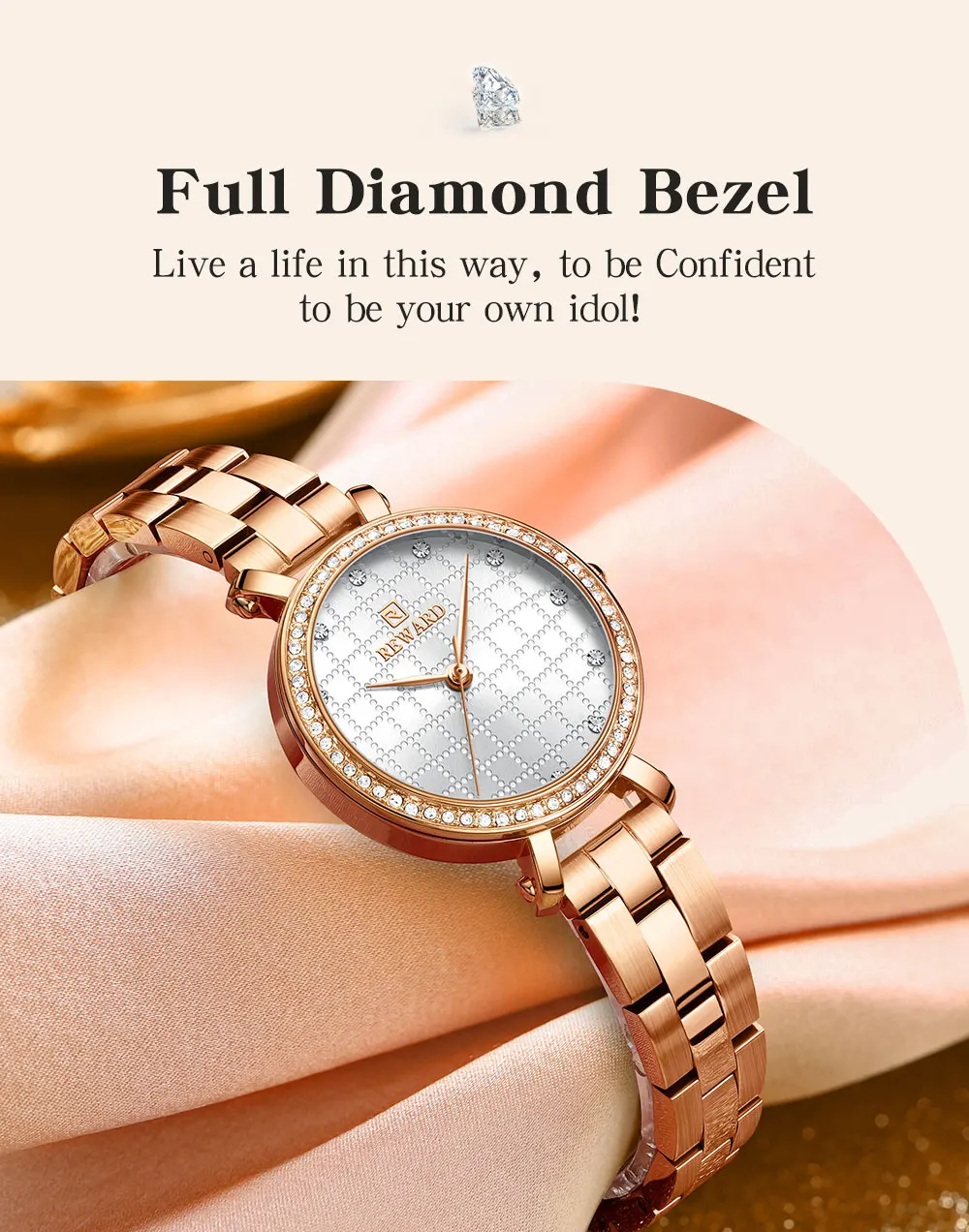 REWARD Watch for Women Wrist Watches Top Brand Quartz Movement Grid Dial Clock Stainless Steel Wristwatches