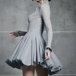 Factory Wholesale Spring Autumn Gray Mini Dress Women High Waist Long Sleeve Lace Knitted Elastic Design Fashion Party Dress