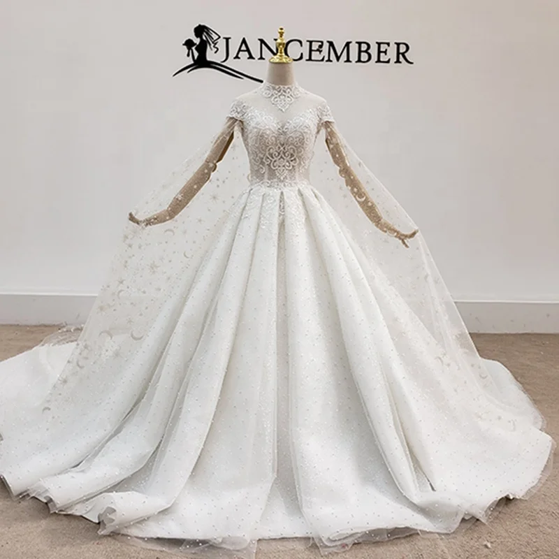 Jancember HTL1453 Elegant Plain White Satin High Neck Wedding Dress Bridal Gown