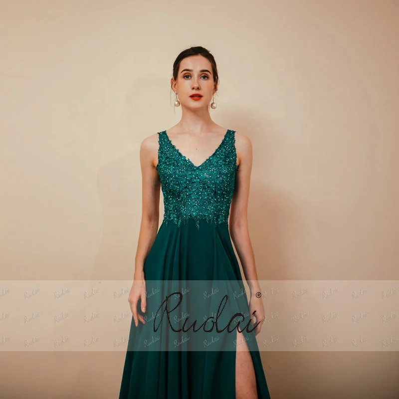 ASA291042 Elegant Sleeveless Keyhole Back Chiffon Appliques Evening Dress High Split Formal Gowns
