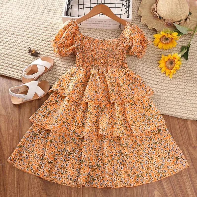 ladies dress design 2022 Girls New Summer Foreign Style Small Floral Bubble Short-sleeved Chiffon Princess Skirt Children's Clothing new design dress