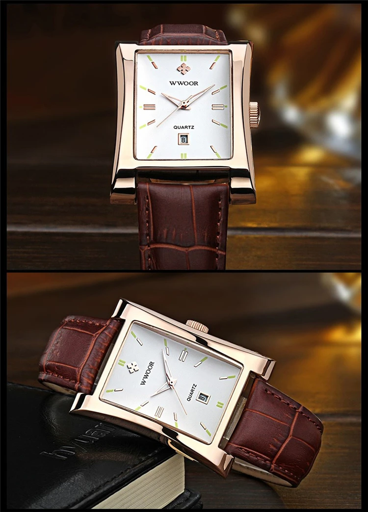 WWOOR 8017 Men's Square Watches Top Brand fashion Leather Strap Quartz Waterproof Date Clock Male Casual Business Wrist Watch