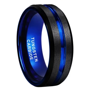 Coolstyle Jewelry 8mm Black Blue Tungsten Carbide Ring for Men Women Engagement Band Beveled Edges Grooved Matte Comfort Fit